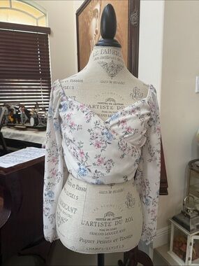 Windsor Cream Floral Off-Shoulder Wrap Blouse with Pink & Blue Flowers